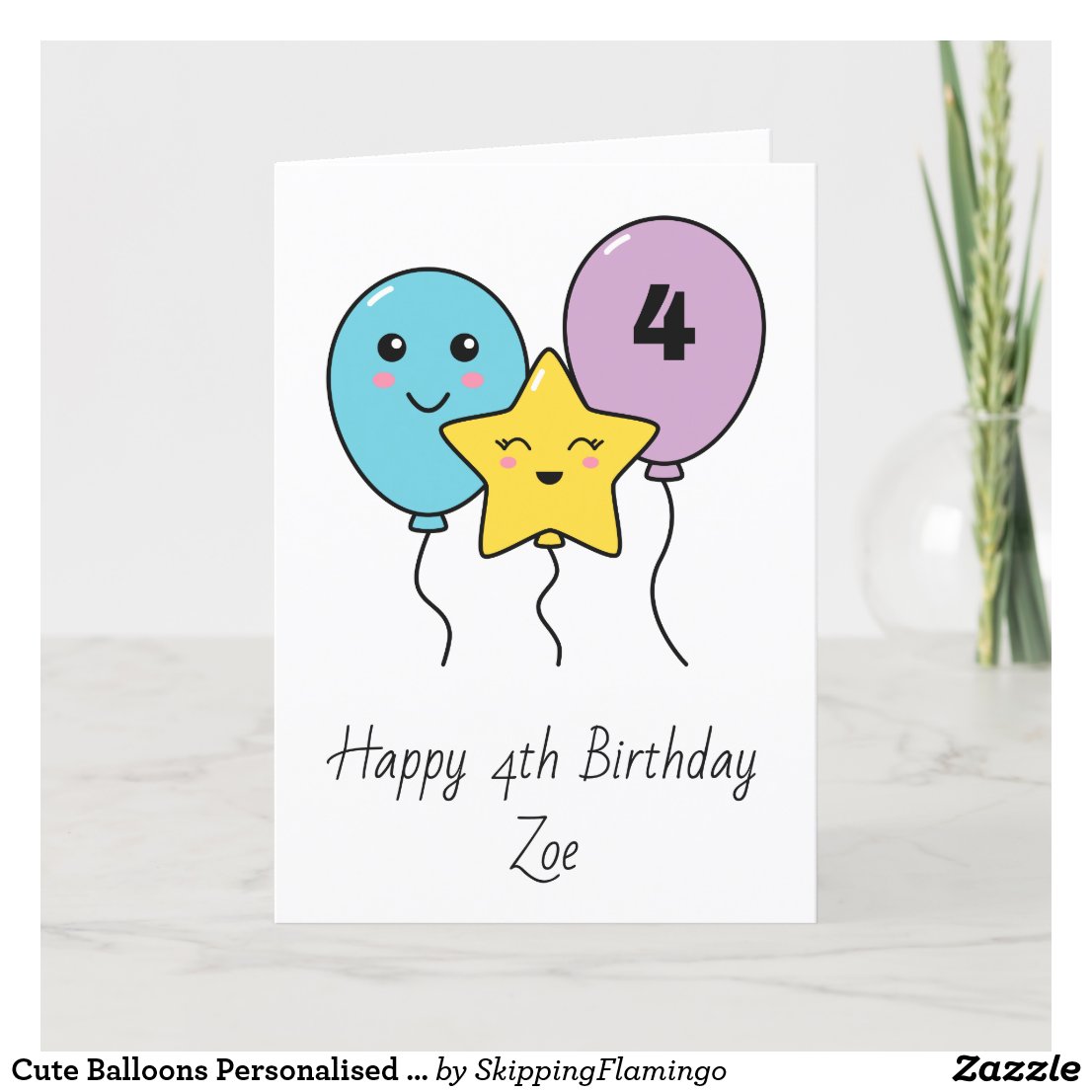 Cute Balloons Personalized 4th Birthday Card