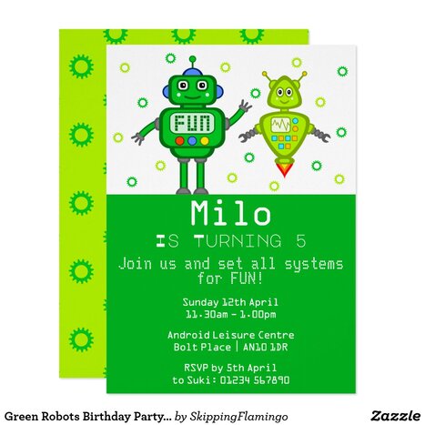 Green Robots Birthday Party Invitation